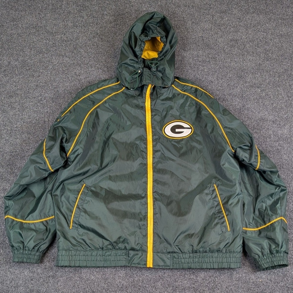 NFL Green Bay Packers Windbreaker Jacket Green Full Zip Hooded Fleece Lined L/XL